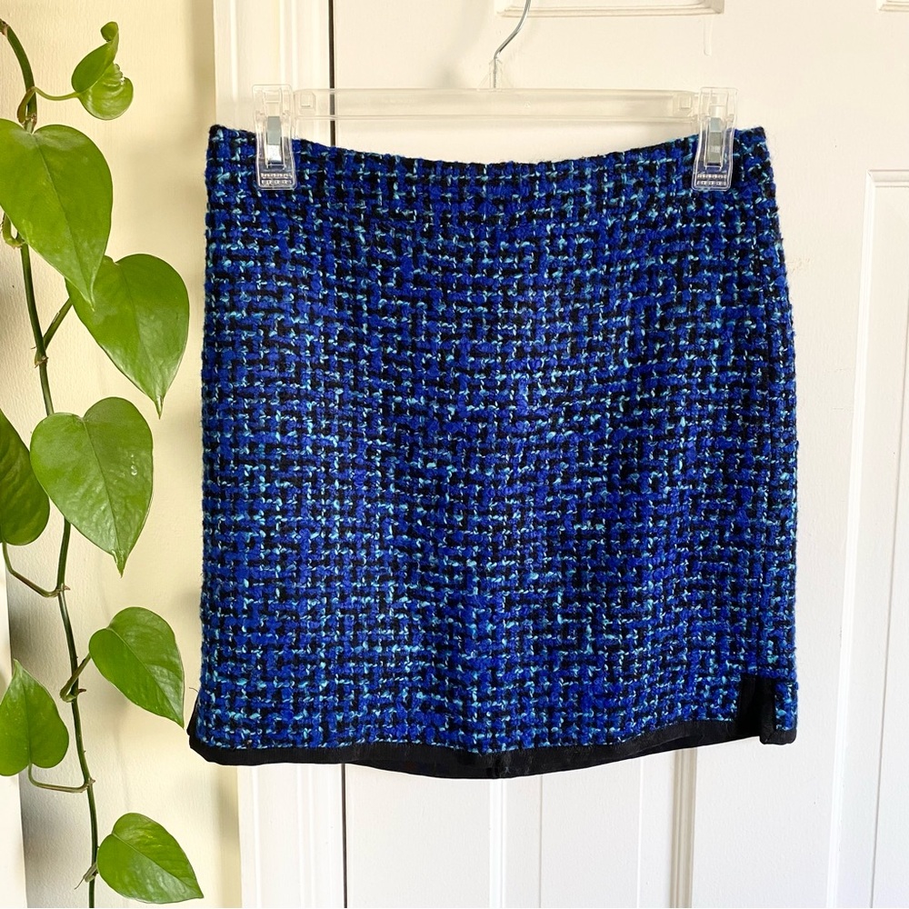 J Crew Postage Stamp Blue Tweed Wool Lined Mini Skirt, Women’s Size 00